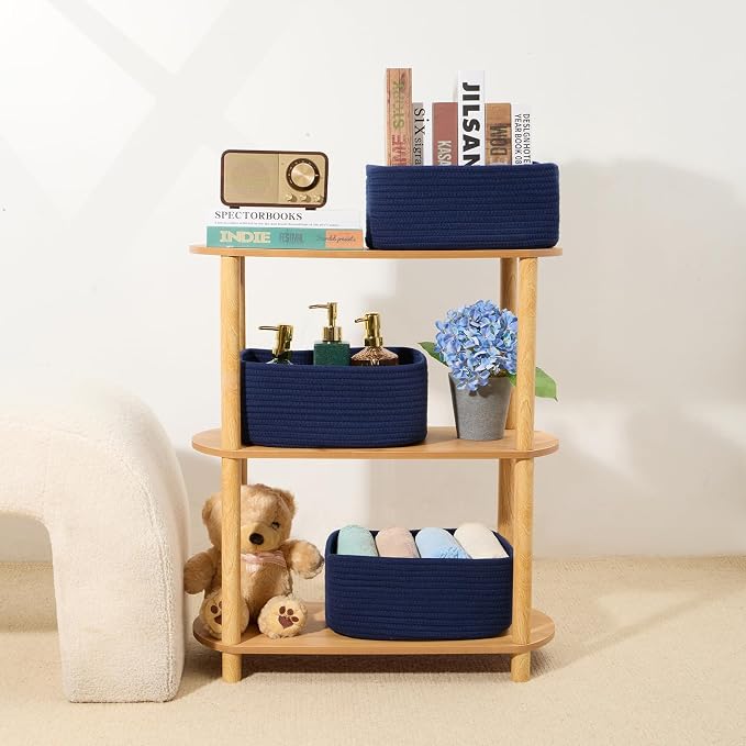 MiniArk Small Storage Baskets for Organizing | Closet Organizer Bins | Shelf Toy Basket | Woven Rope Baskets | Cube Decorative Box | Shallow Basket | 13x8.5x5.1” | 4 Packs Navy Blue