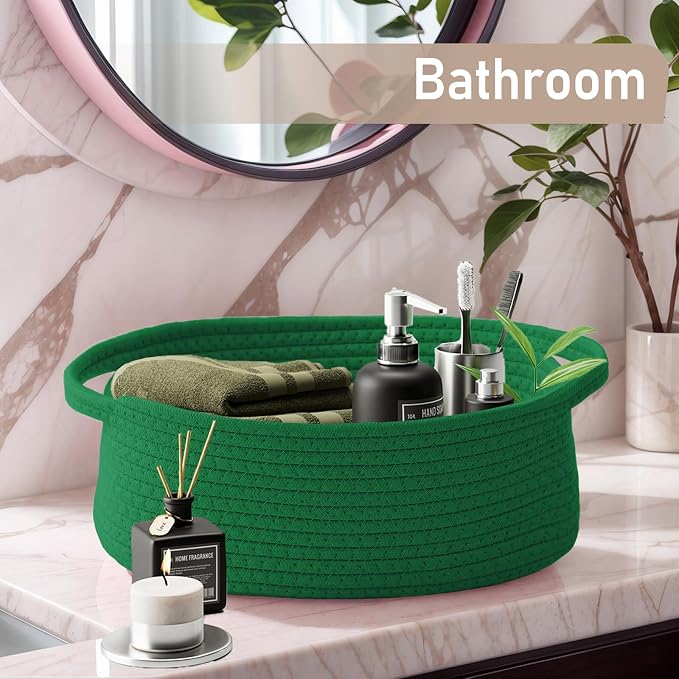 JMvicyroam Small Woven Basket, Empty Gift Basket, Green/2 Pack | Small Gift Basket, Cotton Rope, 12 x 8 x 19 in, Handles, Includes Ribbon and Bag, Birthday Gift Basket