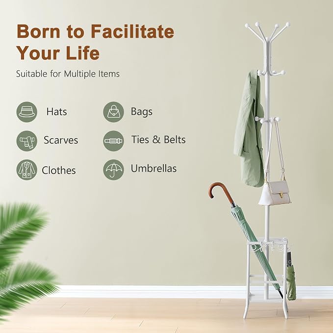 Hoctieon Coat Rack Freestanding, Coat Tree with Umbrella Holder, Metal Coat Rack Stand with 12 Hooks, Standing Coat Hanger Stand, Umbrella Stand for Entryway, Hat Rack Stand for Home Office, White | Metal Coat Rack Stand with 12 Hooks, Standing Coat Ha...