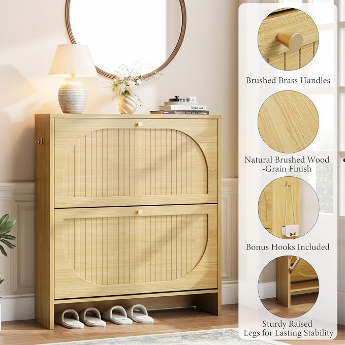 Nicetree Arch-Chic Shoe Cabinet for Entryway, Modern Mid-Century Shoe Storage Cabinet with Fluted, Narrow Shoe Rack with Adjustable Shelves & Tipping Protection, Fits Size 13.5 Shoes,Natural Oak