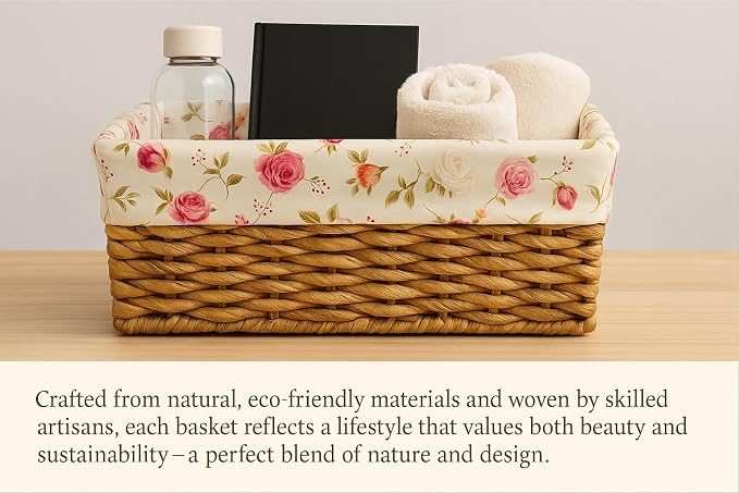 Handwoven Rectangular Storage Basket with Floral Cotton Liner – Decorative Wicker Organizer Bin for Bathroom, Bedroom, or Living Room – Rustic Home Décor Storage Solution