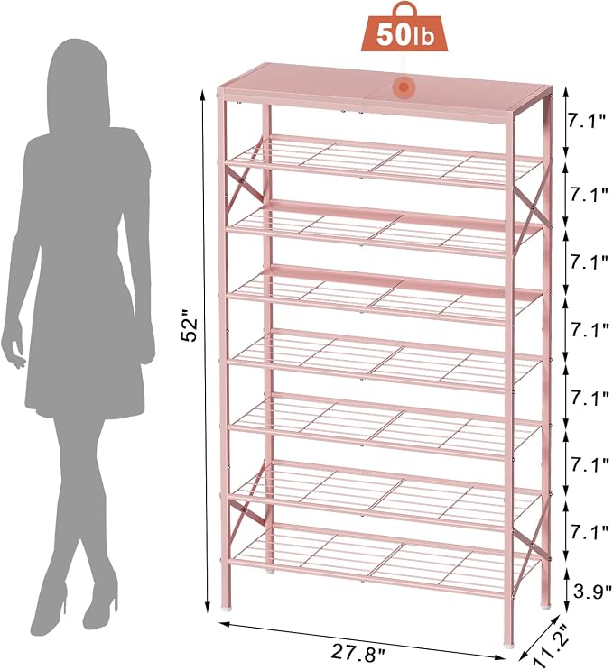 8 Tier Metal Shoe Rack with Wood Top, 24-32 Pairs Pink | 52in tall maximizes vertical space. 2 iron sheets for heels. Remove a layer for tall boots. Versatile for home.