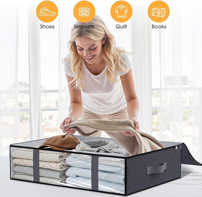 StorageRight Under Bed Storage Bags, 6 Pack, 40L, Gray | Breathable Non-Woven Fabric with a Clear Window and Zippered Top for Clothes, Comforters, Blankets and Seasonal Storage