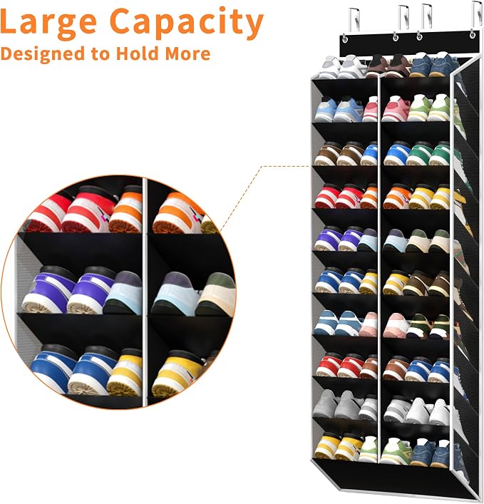 KEEPJOY 20-30 Pairs Over the Door Shoe Organizer, Mesh Hanging Shoe Rack for Door Storage with 20 Wide Deep Pockets,10-Tier Black Door Shoe Holder Fits Sneakers, Boots.