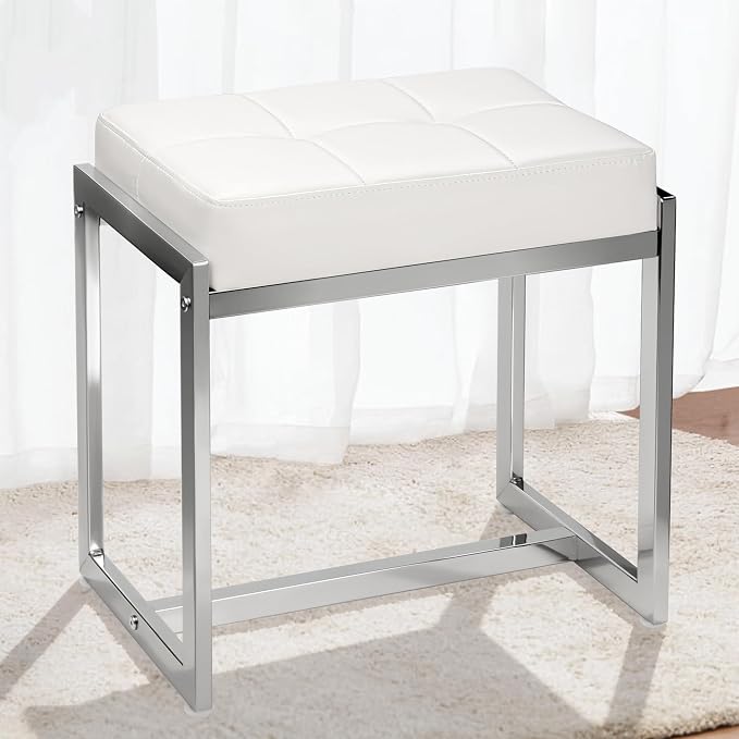 Vanity Stool Chair, Modern PU Leather Ottoman Foot Rest for Vanity Bench with Silver Metal Legs, Multifunctional Chairs for Makeup, Bedroom, Living Room, Small Makeup Stools White&Silver