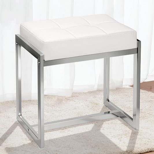 Vanity Stool Chair, Modern PU Leather Ottoman Foot Rest for Vanity Bench with Silver Metal Legs, Multifunctional Chairs for Makeup, Bedroom, Living Room, Small Makeup Stools White&Silver