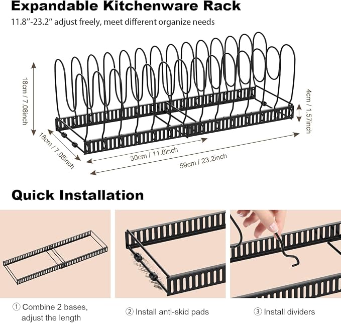 Housolution 2 Pack Pot and Pan Lid Organizer Holder Storage Rack, Black | 12"-23" Expandable, 14 Adjustable Dividers, Sturdy Metal Construction, Easy Assembly