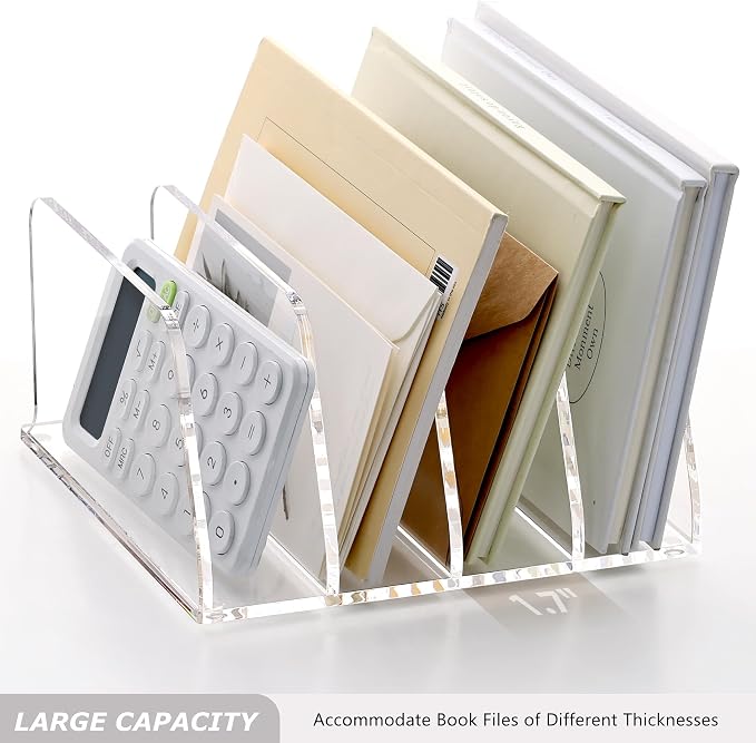 SANRUI Acrylic Bill Mail Sorter Desk Organizer Holder,4 Compartments Clear | Small File Script Letter Document Storage for Desktop Filling Envelope Office, Home, School Organization