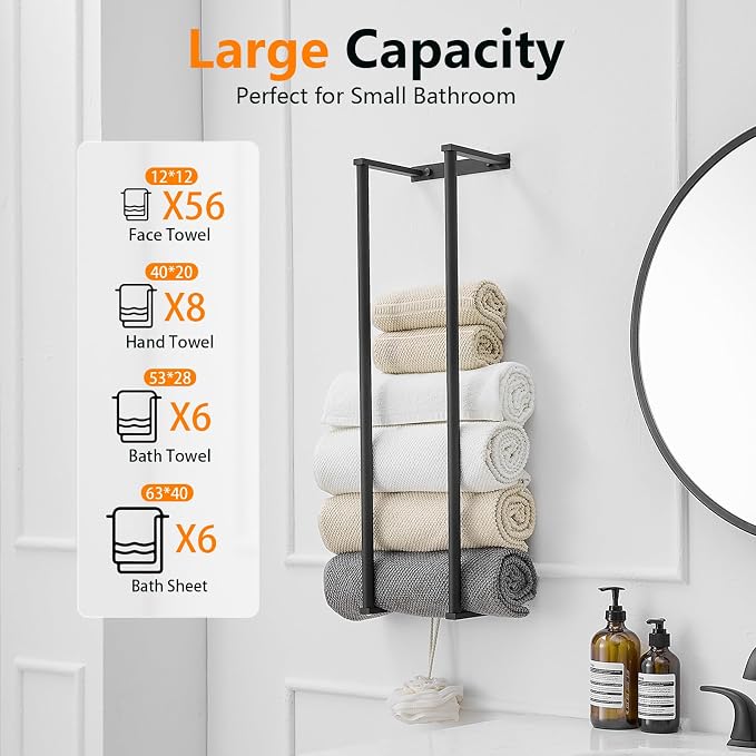 BWE Matte Black Towel Racks for Bathroom 28" Towel Holder for Rolled Towels | Stainless Steel Wall Mounted Towel Storage for Bathroom with 2 Hooks, 6 Large Bath Towels Capacity