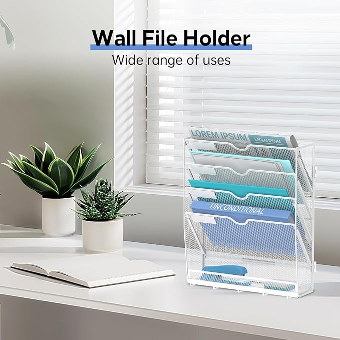 5 Tier Wall File Organizer - Hanging File Organizer with 5 Hooks, Mail Holder Wall Mounted for Papers, Folders, Magazines, Bills, Office&School Organization, White