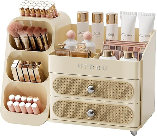 UFORU Makeup Organizer Countertop with Brush Holder for Vanity Bathroom | Large Capacity, Thickened Plastic, 2 Rattan Drawers, Compact Size, Detachable Brush Holder, Divided Compartments, Easy Access