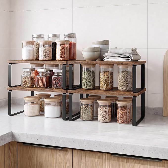 LAMU Cabinet Organizer Shelf, Set of 4 Expandable Kitchen Counter Shelve Plate Organizer for Cabiner, Stackable Spice Rack, CupBoard Organizers and Storage, Brown