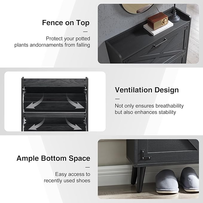 Barnyatoh Farmhouse Shoe Storage Cabinet with 2 Flip Drawers & Barn Door | Freestanding Hidden Slim Narrow Shoe Rack, Adjustable Shelves,Wood Shoes Organizer for Entryway, Foyer, Hallway, Black