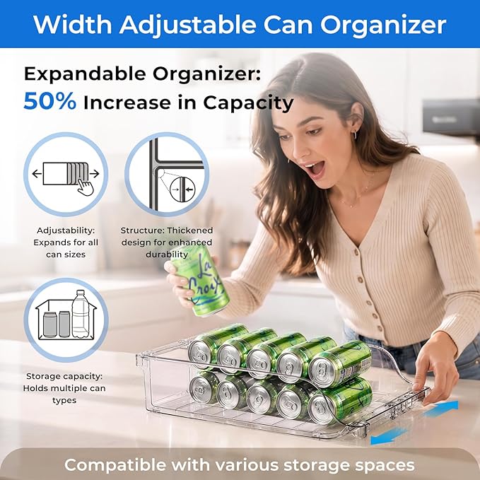4 Packs Refrigerator Organizers and Storage Width Adjustable Can Organizer for Refrigerator Expandable Soda Can Dispenser for Beer Soda Pop Can Soda Organizer for Fridge Kitchen Pantry Clear