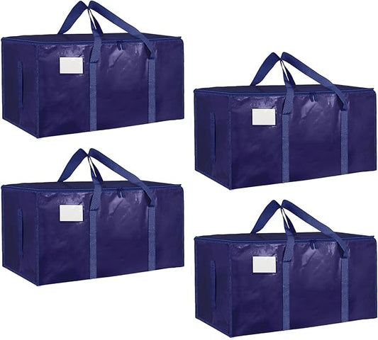 4 Pack-Extra Large Heavy Duty Moving Bags - Waterproof Storage Totes with Handles & Zippers, Foldable for College Dorm, Storage (Dark Blue)