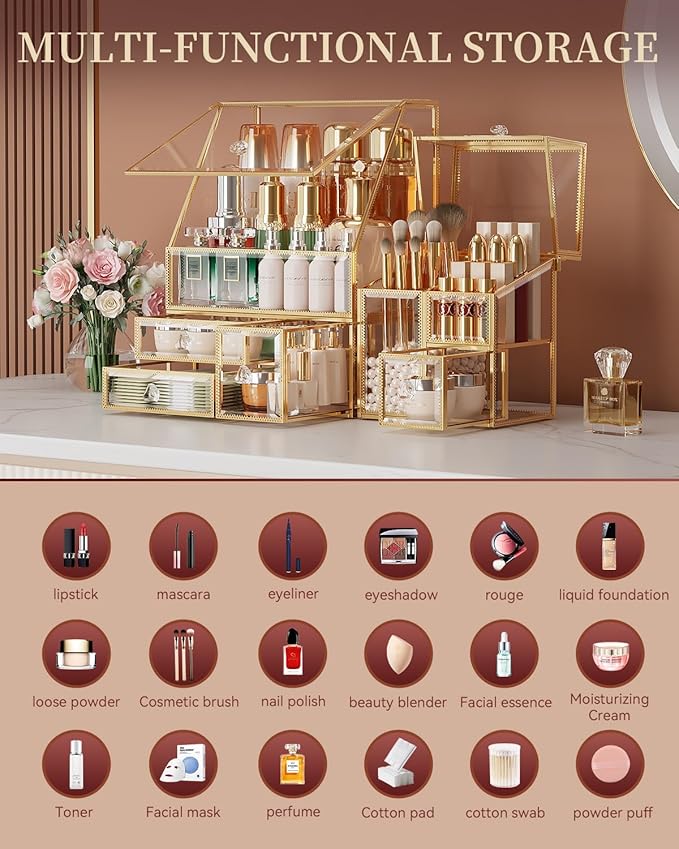 CoralHouse Glass Makeup Organizer with Brush Holder for Vanity | Clear Skincare Organizer for Vanity, Stackable, Large Capacity, for Makeup Lipstick Perfumes Brush Skincare