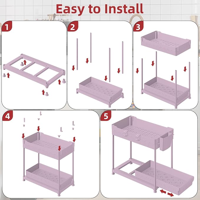 Sevenblue 4-Pack 2-Tier Under Sink Organizer with Pull Out Drawers | Multi-use kitchen & bathroom storage. Includes hanging hooks and cups. Pink, space-saving cabinet design. 14.8 Inch
