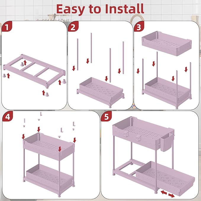 Sevenblue 4-Pack 2-Tier Under Sink Organizer with Pull Out Drawers | Multi-use kitchen & bathroom storage. Includes hanging hooks and cups. Pink, space-saving cabinet design. 12.8 Inch