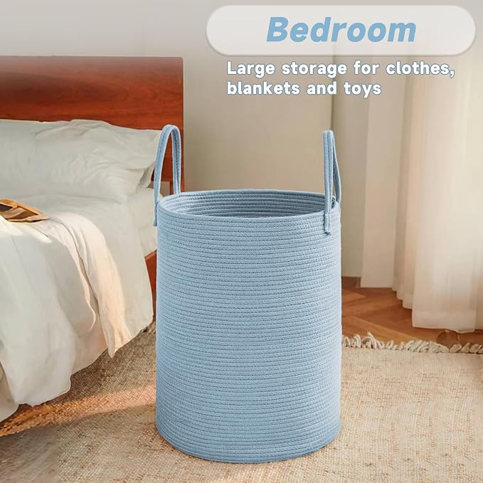 JMvicyroam 100L Cotton Rope Laundry Basket Hamper, Blue | Collapsible laundry basket, reinforced handles, freestanding, machine washable, holds 3-5 thick blankets, clothes or toys