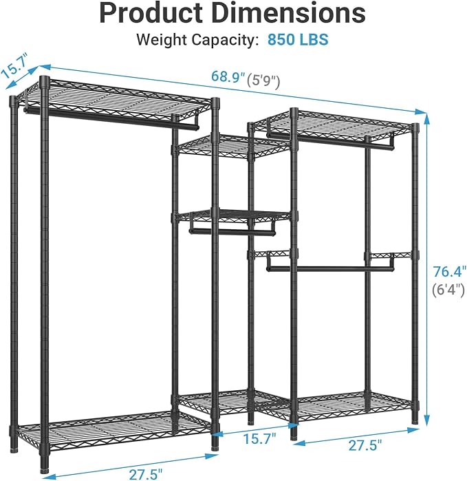 VIPEK Classic V6 Wire Garment Rack, Dynamic Closet System Adjustable | Black Heavy Duty Metal Freestanding Clothing Rack 850lbs Capacity, 6FT Wide Closet Organizer System for Bedroom