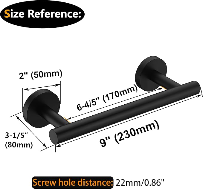 Nolimas Matte Black Bath Hand Towel Bar Single Bars Towel Rack Rod Classic Wall Mounted Stainless Steel Bathroom Towel Bar Toilet Kitchen Towel Shelf Single Layer,9inch
