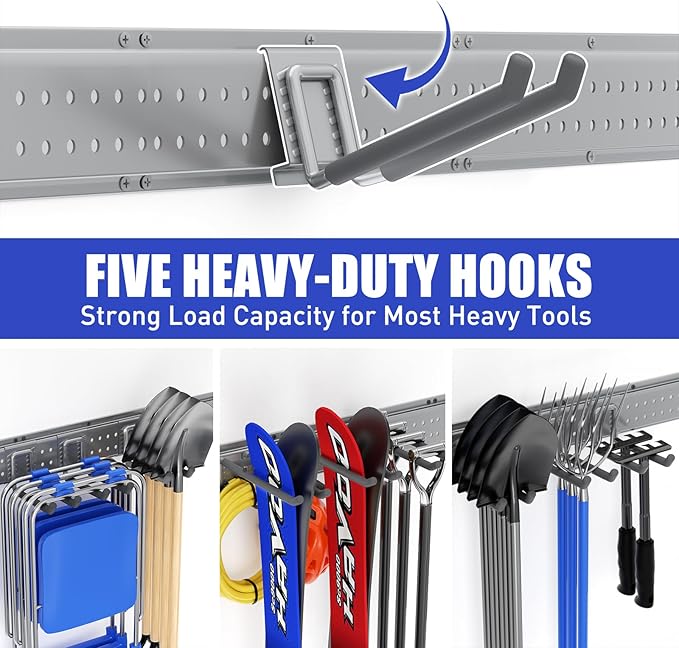 Garage Tool Organizer Wall Mount 99 inches with 18 Adjustable Heavy-Duty Hooks, Garage Organization, Garden Tool Storage Rack, Yard, and Shed, Holds Up to 750 lbs (Grey)