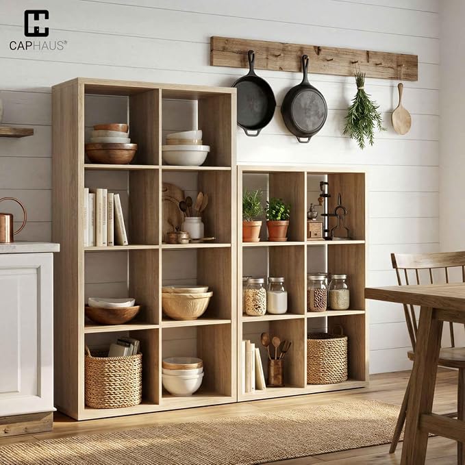 CAPHAUS Sturdy Room 13-Inch Cube Storage Organizer Shelf, with Extra Thick Exterior Edge, Open Storage Shelf Divider, Bookcase, 9-Cube, Natural Oak