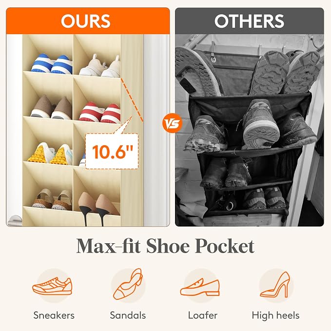 Lifewit 8 Tier Over the Door Shoe Organizer with 15 Large Deep Pockets, Fabric Hanging Shoes Shelf for Closet, Dorm Storage, Fit Up to 16 Pair Shoe Rack Holder for Sneakers, Boots, Beige