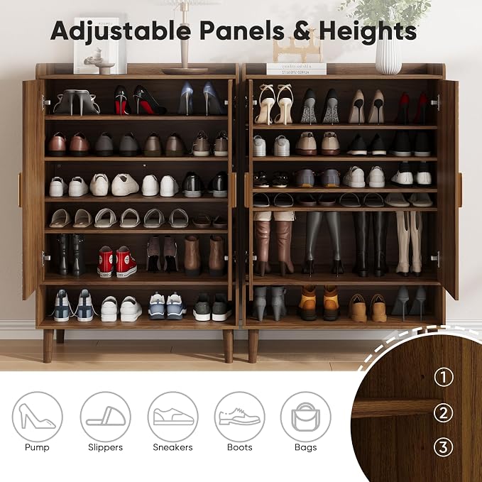 Smuxee Walnut Shoe Cabinet with Line Groove Design, 6-Tier Shoe Storage Cabinet with Adjustable Shelves, Freestanding Shoe Organizer Cabinet for Entryway, Hallway, Closet, Living Room