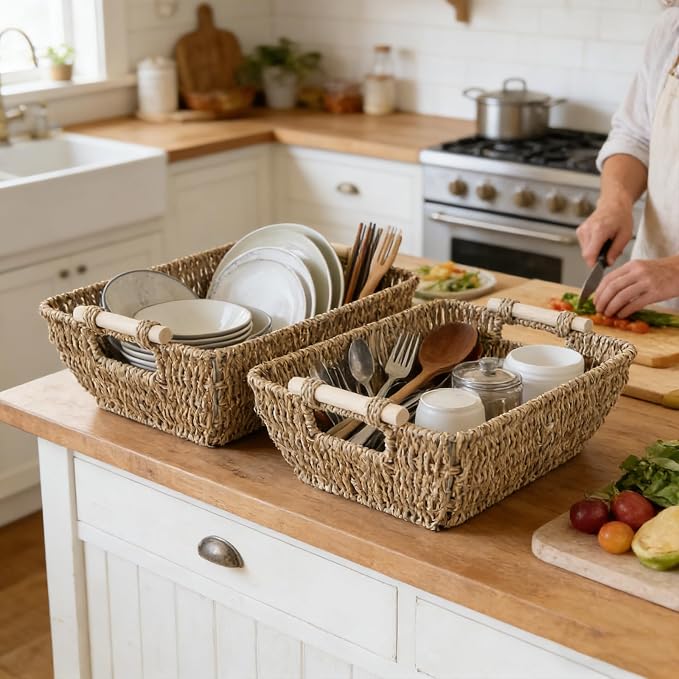 Wicker Baskets with Wooden Handles, Large Seagrass Storage Baskets | 2 Pack, Natural Seagrass Woven Basket for Organizing Shelves, Handwoven Gift Baskets Empty for Snack Display Home Decor
