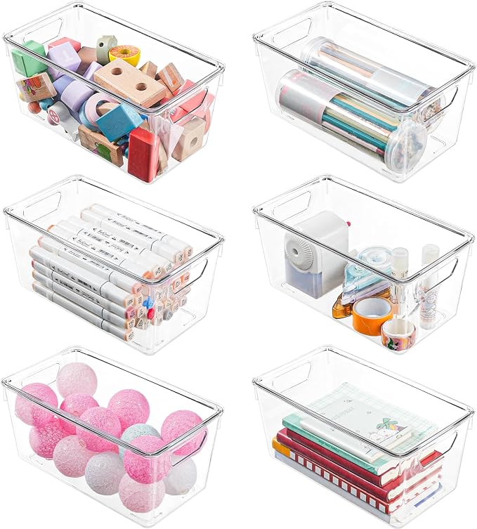 6 Pack Small Clear Storage Bins with Lids, Acrylic Arts and Craft Storage Containers, Stackable Clear Plastic Craft Storage Bins with Handles for Classroom Storage Organization,Kitchen, Fridge, Office