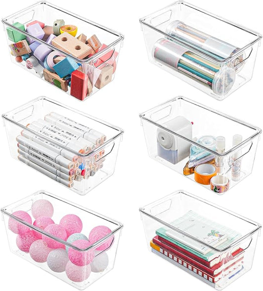 6 Pack Small Clear Storage Bins with Lids, Acrylic Arts and Craft Storage Containers, Stackable Clear Plastic Craft Storage Bins with Handles for Classroom Storage Organization,Kitchen, Fridge, Office