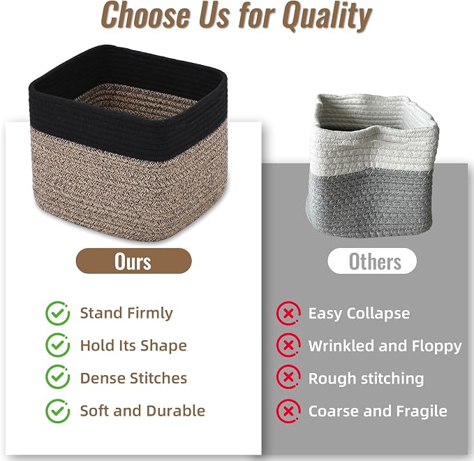 3 Pack Cube Storage Bin, 9”x9”x7” Cotton Rope Woven Baskets for Organizing Toys Clothes Towels, Square Gift Storage Baskets for Shelves, Nursery, Closet, Bathroom, Pantry (Black & Brown)