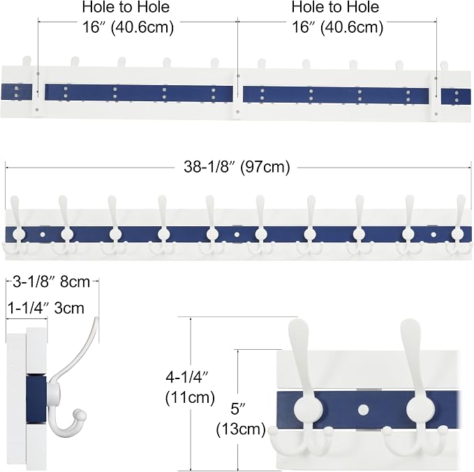 SKOLOO Coastal Coat Rack Wall Mount-38-1/8 Beach House Entryway Wooden Coat Hook with 10 Hooks for Hanging Coats, Hats or Towels, Oceanfront Cottage Core Collection, White & Blue, Pack of 2