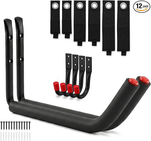 12-Piece Heavy Duty Garage Storage Hooks - 2x15” Jumbo Wall Hooks with Extended EVA Foam Padding (120 LB Capacity) + 4x3.5” Utility Hooks & 6 Storage Straps for Kayak, Paddleboard, Bike & Ladder