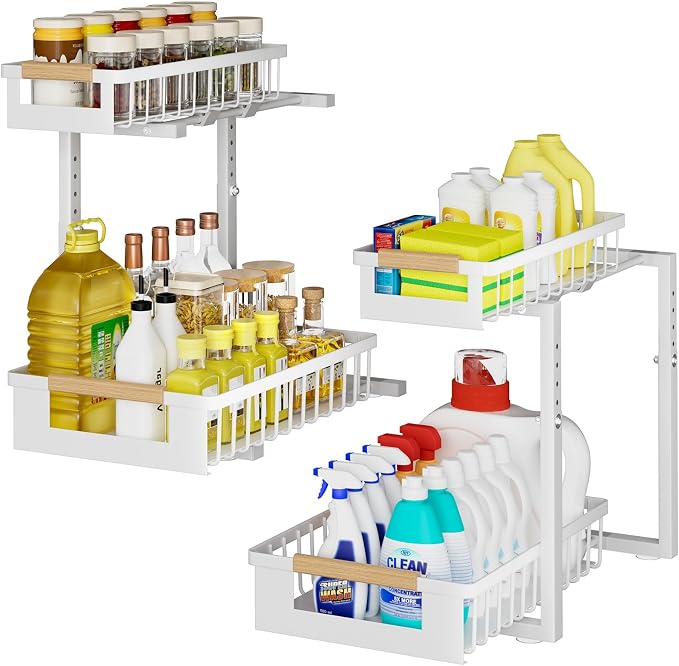 2 Pack Under Sink Organizer, 2 Tier Pull Out Cabinet Organizer with 5-Level Adjustable Height, Sliding Metal Storage Rack for Kitchen Bathroom Pantry, White