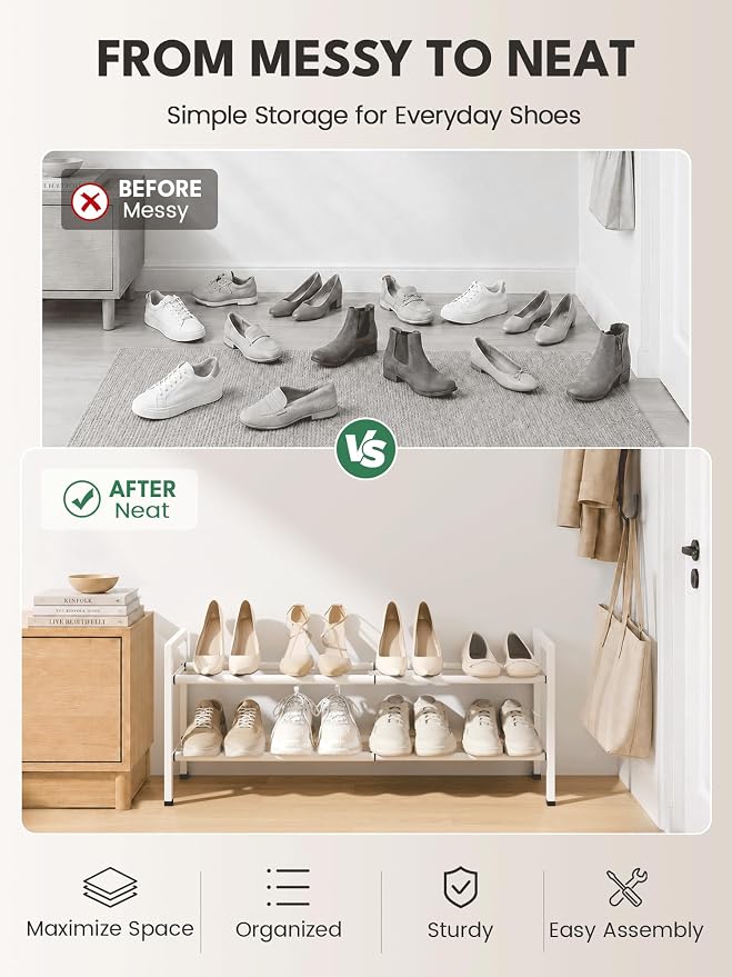 Bumusty 2 Tier Expandable Shoe Rack for Closet, White | 18"-33" Adjustable Shoe Rack for Entryway, Small Shoe Organizer for Dorm, Front Door, Sturdy Metal