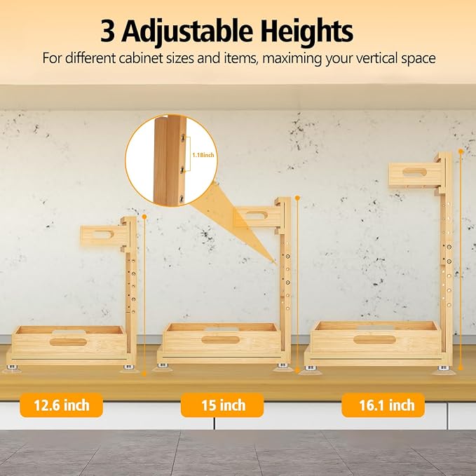 Banlilu Under Sink Organizer, Pull Out Cabinet Organizer, 2 Tier Slide Out Sink Shelf Cabinet Storage Shelves, Storage for Kitchen Bathroom, Natural Premium Bamboo Wood