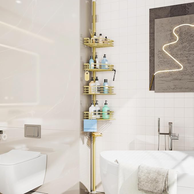 Consumest Corner Shower Caddy Tension Pole - Rustproof Shower Shelves with Towel Bar & Soap Holder, Adjustable Bath Organizer for Bathroom Storage, 27.6-108.3 inch, Gold