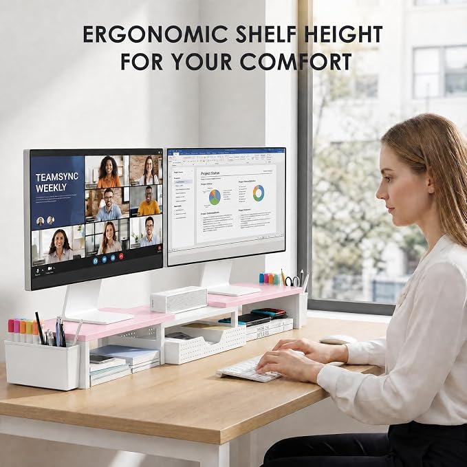 OPNICE Desk Organizers and Accessories, Dual Monitor Stand Riser with Drawer and 2 Pen Holders, Desk Shelf Computer Racks for Office Workspace Organizers, Desktop Organization (Pink-White)