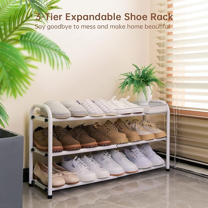 Gonfoam Expandable 3-Tier Shoe Rack for Closet and Entryway, White | Tool-Free Assembly, Metal Material, Adjustable Shoe Organizer, Sturdy, Small Space Solution, Dorms, Garages, Apartments.