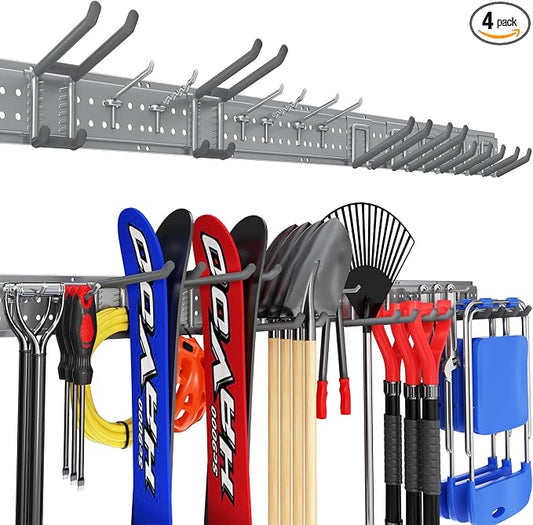 Garage Tool Organizer Wall Mount 66 inches with 13 Adjustable Heavy-Duty Hooks, Garage Organization, Garden Tool Storage Rack, Yard, and Shed, Holds Up to 520 lbs (Grey)