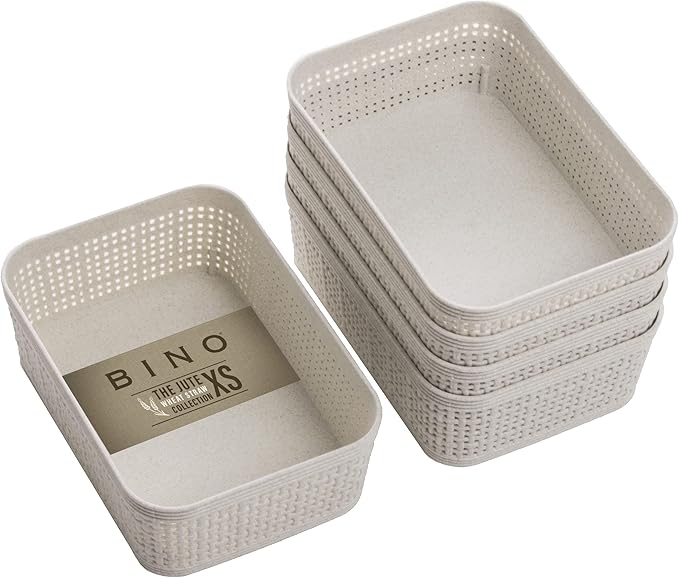 BINO | Woven Plastic Basket | XS (Natural), 5-Pack | THE JUTE COLLECTION | Home Organization, Space - Saving Storage, Stylish Design | Jute Basket | Plastic Storage Basket