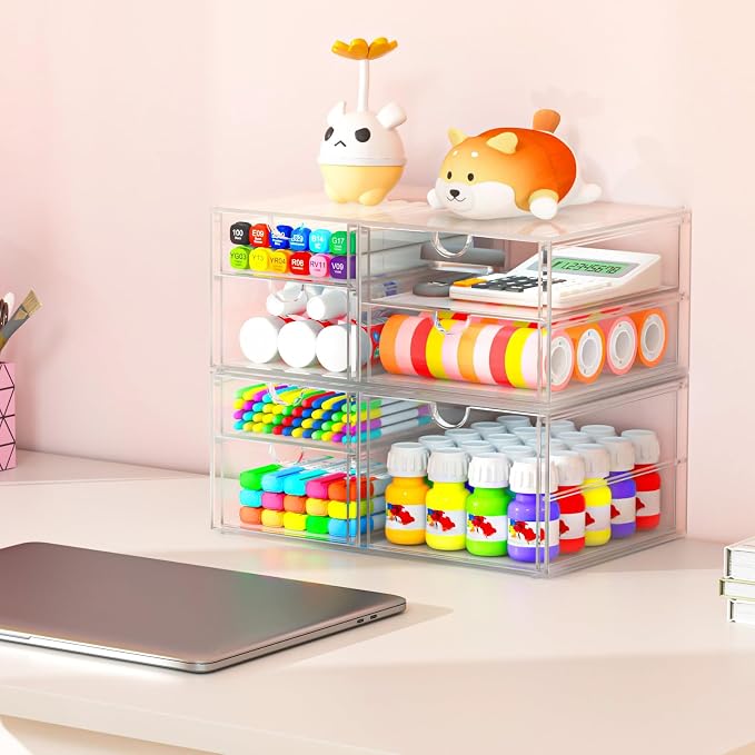 caktraie 4-Pack Acrylic 6-Drawer Office & Makeup Storage Organizer,Desk | Smooth-glide drawers, clear body, dustproof, wipe clean, for stationery, lipsticks, blush palettes, hair clips, sticky notes