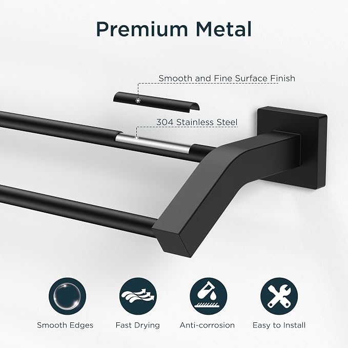 FORIOUS Double Towel Bar 24 Inch, Bathroom Towel Rack Square Matte Black | Heavy Duty Towel Racks for Bathroom Bedroom, Space Saving, Rustproof, Stainless Steel Towel Holder, Total Length 26 Inch