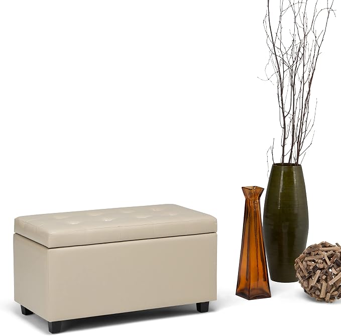SIMPLIHOME Dover 36" Wide Linen Look Fabric Storage Ottoman in Slate Grey | Satin cream, transitional storage ottoman with tufting and lift-up lid; rectangle storage bench for living room or entryway.