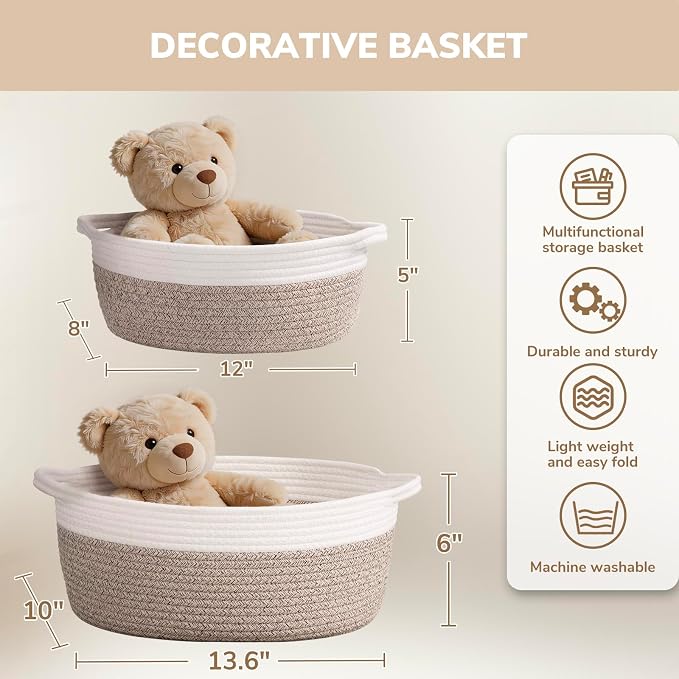 CHICVITA Large Gift Basket Empty with Bags & Ribbon to Fill, Brown | 13.6"x 10" x 6" Woven Gift Basket Empty to Fill for Holiday, Rope Baskets for Organizing, Birthday Basket, Dog Toy Basket