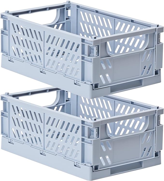 HUUSMOT 2-Pack Collapsible Plastic Storage Baskets, Blue, 9.8"x6.5"x3.8" | Pastel, Space-Saving, Collapsible Plastic Bins, Cute Mini Storage Crates, for Classroom, Kitchen, Office, Bedroom
