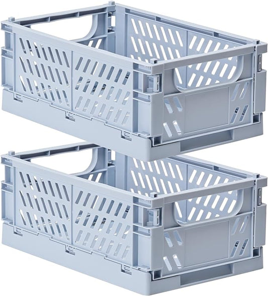 HUUSMOT 2-Pack Collapsible Plastic Storage Baskets, Blue, 9.8"x6.5"x3.8" | Pastel, Space-Saving, Collapsible Plastic Bins, Cute Mini Storage Crates, for Classroom, Kitchen, Office, Bedroom