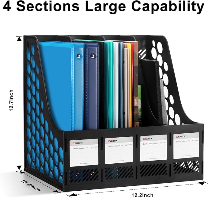 Comix Magazine File Holder 4 Compartment Desk Organizer, Black | Plastic 4 Slot Magazine File Organizer, Holds Binders, Books & Folders, Blank Label for Easy ID.